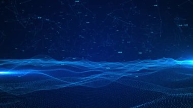 Dalga parçacıkları Büyük veri kodu dijital siber Matrix dalgası derin soyut sahne arkaplanı, siber uzay akış perspektifi büyük veri sıralama akışı ızgarası. Blockchain Metaverse veri teknolojisi dalgası 4K 3D