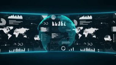 Küresel Dünya Haritası Haber Stüdyosu Dünya canlı yayını için arka plan. İş, borsa. makine derin öğrenim. Bilgi grafikleri arka planına sahip iş ve pazar veri analizi ve raporları