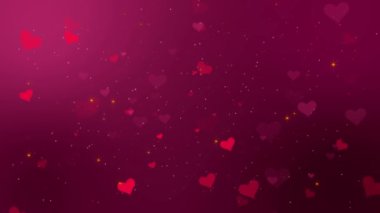 Yüzen kalp, 14 Şubat 'ta sevgililer günü tasarım elementleri, sevgililer günü kalpleri ve Bokeh kırmızı hareket arkaplanı, Bokeh bayramı, parıltı ve sevgililer günü için kalpler şeklinde şekillenir. 4K 3D