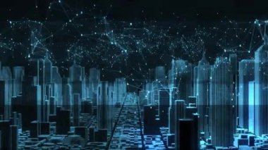 Dijital şehir silueti Büyük veriler, Yapay Zeka, Şeylerin İnternet Geleceğin Siber Akıllı Şehri IoT teknolojisi Çevrimiçi Siber Güvenlik Bulut Veri Ağı Verileri, İş Şehri Binası Geçmişi