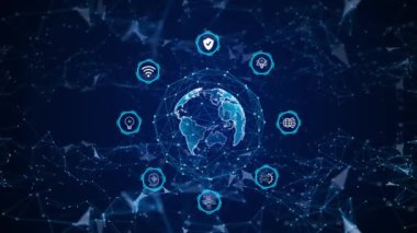 Yeryüzü gezegeni dünya animasyon dünyası animasyon dünyası haritası veri transferi, hız veri interneti, üçgen dijital veri büyük veri teknolojisi, iş dünyası, iletişim. Sanal