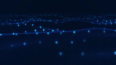 Dalga parçacıkları Büyük veri kodu dijital siber Matrix dalgası derin soyut sahne arkaplanı, siber uzay akış perspektifi büyük veri sıralama akışı ızgarası. Blockchain Metaverse veri teknolojisi dalgası 4K 3D