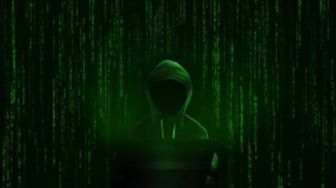 3 Boyutlu Anonim Bilgisayar Korsanları, kötü amaçlı yazılım konseptine saldırıyor. Hacker soyut dizüstü bilgisayar ikili kod dijital arayüzü. Virüs, casus yazılım, kötü amaçlı yazılım. Siber güvenlik siber suç 4K