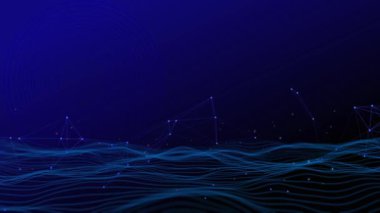 Sanal uzay sanal veri parçacıkları siber teknoloji arka plan soyut animasyonunu sallıyor. Ağ noktaları dijital akışlar hareketli dijital veri akışı çizgileri, yüzeyler. İş Bilimi teknolojisi