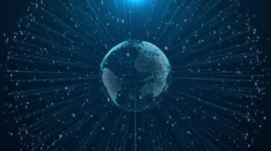 Dünya haritası dijital bağlantı ve sosyal ağ. Global World Business finansı ve kripto para birimi ağı 3.0. Büyük Veri ve Yapay Zeka Teknolojisi için İkili Kod Devre Hatları Matriksi