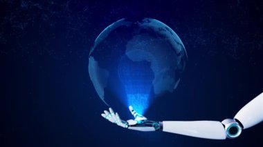 Dijital Robot El, Dünya Gezegeni Küresel İş Ağı Metaverse Teknolojisini elinde tutuyor. Yeni nesil ağ bağlantısı, bilim, yenilik. Sanal dünya. Gelecekçi teknoloji konsepti. AI 3D 4k
