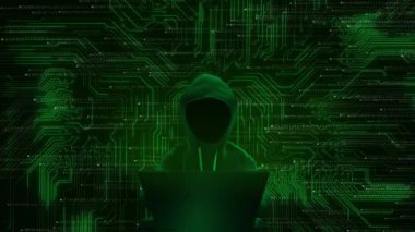 Siber güvenlik savunmasız hackerı kötü amaçlı yazılım kodluyor. Kapüşonlu bilgisayar siber güvenlik sunucusu metaverse veri koruması, internet ağı, iş mali veri siber saldırı şifrelemesi 4K 3D