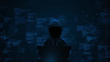 Siber suçlar, bilgisayar ağına, virüse, virüse, virüse, virüse, casus yazılıma, kötü niyetli yazılıma saldırmak için anonim bir bilgisayar korsanı. Siber güvenlik ve siber suç 4K 3D