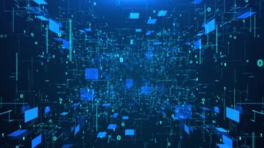 Mavi matris dijital arkaplan, Büyük veri akışı Bilgisayar engelleme devre ağı sistemi, veri transferi, sanal gerçeklik siber uzay akışı Matrix dalgası derin siber akış engelleme zinciri, metaevren,