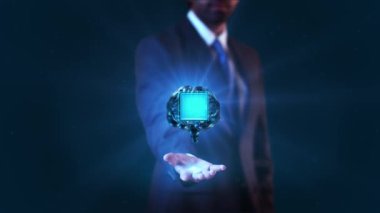 İş adamı sanal HUd Hologram İnsan Beyin taraması yeniliği, beyin fırtınası siber beyin dehası fikri. Derin öğrenme makinesi. Tıp Bilimi, Sağlık Bakımı Anatomisi. Küresel tıp bilimi