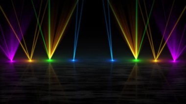 Sahne ışıkları sahne ışığı efekti lazer ışığı yüksek teknoloji neon bilim kurgu arka planında lazer ışınları gösteriyor. Müzik sahne konseri, müzik festivali. Kutlama partisi. müzik performansı gece hayatı