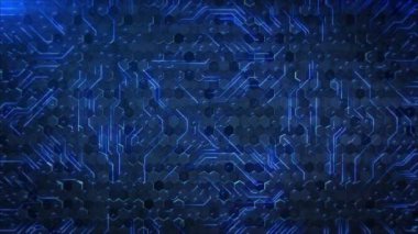 Hareket eden elektronları olan devre panosu Data Flow Arka plan Animasyonu. Dijital devre levhası. Teknoloji İşlemcileri İşlemcisi. ai, Anakart Dijital Çip Devresi elektronları ile çalışıyor. İşlem yapılıyor. HUD