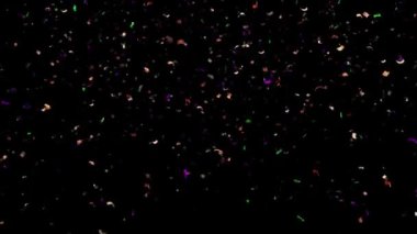 3D Parti Konfeti Kutlama Parçacıkları arka planı, tebrikler konfeti, siyah üzerine havai fişek. Konfeti patlaması, flamalar, karnaval, bayram, Noel, yeni yıl, indirim, doğum günü, parti