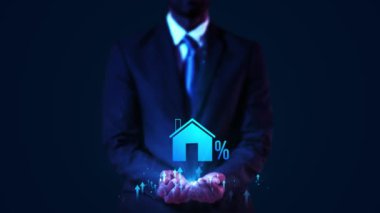 İşadamı Dijital Ev Simgesi Artan İpotek Oranları, Konut Piyasası Eğilimleri, Yatırım Finans Teknolojisi. Ekonomik Büyüme, Emlak Piyasaları, Ev Finansmanı Çözümleri. Komisyoncu Pazarları,