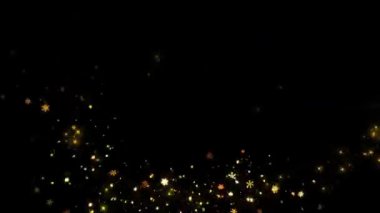 Altın parçacıklar parıldıyor. 2024 Noel parıltısı 2025. Bokeh ışıkları. Üç boyutlu toz izi bokeh sihirli parıldayan ışık. Parlayan parçacıklar. Sihirli doğum günü, yıldönümü, yeni yıl, etkinlik, festival 4K