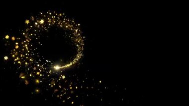 Siyah arkaplanda titreşen parçacık altın tozu. Noel altın parıltıları. Bokeh ışıkları. Parlayan toz izi. Altın parçacıklar parıldıyor. Noel altın parıltıları. Bokeh ışıkları. Parlayan toz izi 3D 4K