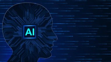 Dijital beyin ve devre kartından yapılmış insan kafası ana hatları, arka planı birbirine bağlayan elektronik beyin Ai Big verileri ve makine öğrenimi. İnsan yapay zeka robotu ve devre işlemcisi beyin tahtası görme mühendisliği 4K