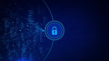 Yenilikçi algıda internet siber güvenlik saldırısı, teknoloji ve çevrimiçi veri koruması kavramı. Şifreli özel şifreleme. 4K 3D işletme finansal veri sanal ağ bağlantısı güvenliği