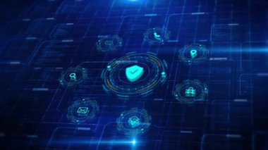 Yenilikçi algıda internet siber güvenlik saldırısı, teknoloji ve çevrimiçi veri koruması kavramı. Şifreli özel şifreleme. 4K 3D işletme finansal veri sanal ağ bağlantısı güvenliği