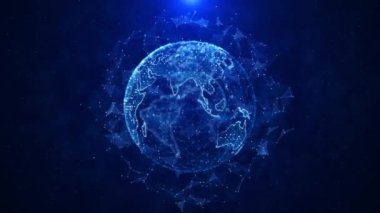 4K Global ağı teknolojinin yenilikçiliği sosyal medya ağı kavramını birbirine bağlıyor. Dünya haritası. Küresel ağ gezegeni Dünya. siber teknoloji dünya çapında ticari bilgi alışverişi 4K 3D