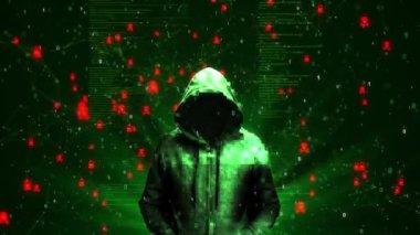 Dijital hacker. Siber güvenlik kavramı. Kapüşonlu dolandırıcılık dolandırıcılığı. Hacker hologram programlama kodunu izliyor. Siber suç geçmişi. Siber saldırı, bilgisayar korsanlığı, siber güvenlik saldırısı veri hacklemesi.