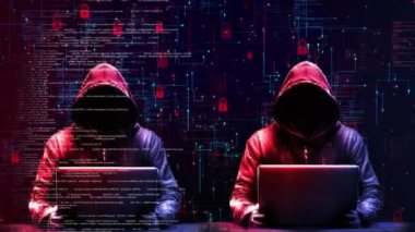 Bilgisayar Korsanı Kapüşonlu Animasyon verileri siber saldırı uyarısı işliyor. Dark Internet veri hırsızlığı, internet dolandırıcılığı, darknet. Kişisel Siber Güvenlik, Fidye Yazılımı, E-posta Phishing, Veri Saldırısı. 3D 4K