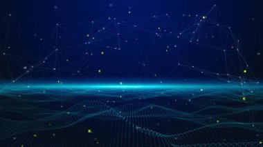 Yapay Zeka 'nın gelecekteki teknolojilerinin soyut gelecekteki teknoloji kavramı. Dijital kartın ileri teknoloji veri matrisi fütüristik HUD ekran animasyonu. Zarif, parıldayan okyanus dalgası derin, soyut sahne arkası