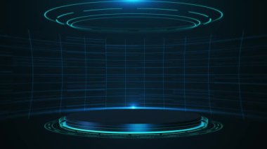 Fütürist yüksek teknoloji sahne düzeni ve arka plan. Dijital hologram evresi Modern siber uzay yenilik hud arayüzü arayüzleri. Merhaba teknoloji fütürist görüntü hologramı. hologram engelleme zinciri. Büyük veri