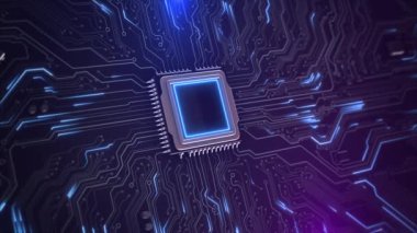İşlemci çipi karmaşık devre kartı gelişmiş teknoloji yeniliği. Çizgiler düğümleri modern elektronik, bağlantı dijital dönüşümü vurgular. hesaplama gücü, veri işleme, geleceksel tasarım.