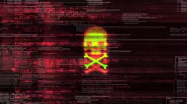 Dijital ekrandaki bilgisayar kodu hatalı VHS hasarı veriyor. Dizayn ögesini yükle. Bilgisayar sistemi konseptindeki zararlı yazılım saldırı tehdidini hacklemek. Uyarı mesajı, hackleme işlemi devam ediyor. ölümcül hata hatası
