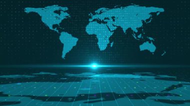 Dijital Teknoloji Dünyası hologram haritası animasyonu. Küresel Dünya Haritasında Parlayan Bağlantılar Haber Stüdyo Arkaplanı. veritabanı kripto para birimi kavramı. İş finansmanı ve kripto para birimi ağı 3.0