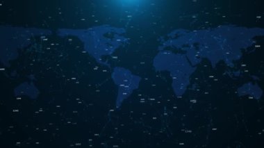 Dijital Teknoloji Dünyası hologram haritası animasyonu. Küresel Dünya Haritasında Parlayan Bağlantılar Haber Stüdyo Arkaplanı. veritabanı kripto para birimi kavramı. İş finansmanı ve kripto para birimi ağı 3.0