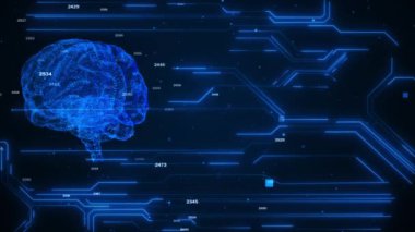 Siberuzay Yapay Zeka Ağı hologramı AI Cpu ve ikili kod numaralarına sahip devre detayları. İnsan zihni ve dijital dünya arasındaki teknolojik bağlantının gücü.