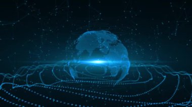 Bilgi alışverişi, küresel bilgi şebekesi, veri transferi ve uluslararası ticaret kavramlarını birbirine bağlayan dijital gezegen toprağı. Dünya çapında internet ağı Küresel bağlantı bulut hesaplaması 3D 4K