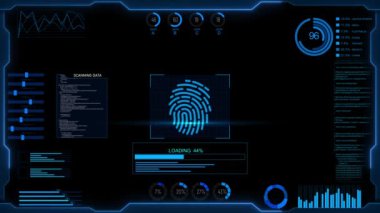 Parmak tarama devresi kimlik kontrolü. Kimlik doğrulama tarayıcısı. Elektronik Tarama Teknolojisi İkili Kodu. Parmak izi parmak izi kilidi güvenliği, biyometrik simge seti, 4K 3D