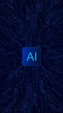 Bir devre panosundaki Dijital Teknoloji Yapay Zeka Çipi Futuristik Yapay Zeka mikroçip hatlarını elektronik çip, işlemci ve yarı iletkenle birleştirdi. Teknoloji konsept tasarımı, makine öğrenmesi çip tarafından üretilir.