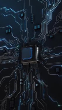 Yarı iletken ve devre kartı dijital teknoloji bg. Elektronik ve bilgisayar teknolojisi konsepti. Çip ve devre kartı. İşlemci çipi, teknik ortam, engelleme zinciri konsepti. Anakart dijital çip