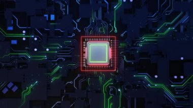 Yarı iletken ve devre kartı dijital teknoloji bg. Elektronik ve bilgisayar teknolojisi konsepti. Çip ve devre kartı. İşlemci çipi, teknik ortam, engelleme zinciri konsepti. Anakart dijital çip