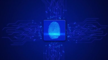 Parmak izi tarayıcısı biyometrik kimlik erişimi şifre teknolojisi güvenlik sistemi hacker konsepti. 4K Dijital Kimlik Tarayıcı Kimliği. Gelişmiş işleme biyometrik doğrulama doğrulaması