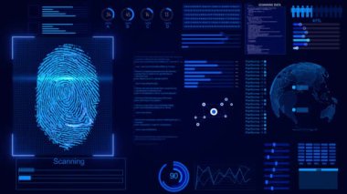 Dijital dijital parmak izi taraması eşleşme noktası devresi. Güvenlik veya bilgisayar konsepti tasarımı. Siber güvenlik, biyometrik kimlik doğrulama ve kimlik konsepti. siber güvenlik taraması kimlik canlandırması.