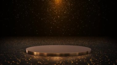 Ürün sergisi podyum sunumu ödülü Olay Yeri Sahne Sahne Işıkları parlayan yuvarlak çerçeve ışınları, ışıltılı konfeti yağmur gibi parlayan lüks sahne arkası etkinlik düzenleme stüdyosu arka planı.
