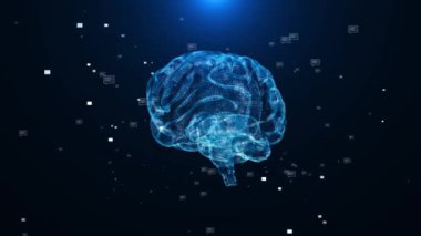 İnsan beyninin gelecekteki 3 boyutlu Hologramının Hologramı gelecekteki HUD anatomi bilgisinde akıyor. Beyin 3d kablo çerçevesi NPU Sinirsel İşlem Birimi Ai ve makine öğrenme. Teknoloji Küresel Tıp Bilimi Araştırması
