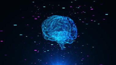 İnsan beyninin gelecekteki 3 boyutlu Hologramı HUD, ileri teknolojili soyut kavram beyin devreleri sinirsel dijital veri grafikleri, beyin araştırma arayüzleri. 4K