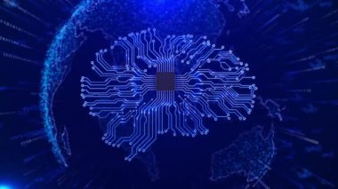 Yapay Zeka Elektronik Beyin İşlemcisi İş Tıbbı Siber Güvenlik Makinesinde İnovasyon, mikroçip işlemci devre levhası ışığı öğreniyor. İşlemci. Siber punk siber uzayı. Yenilikçi Makine Öğrenmesi