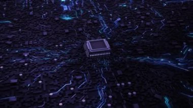 Gelişmiş Bilgisayar İşlemcileri İşlemci devre kartı Büyük Veri Aktarım Bağlantısı. AI Teknoloji Dijital Veri Ağı Soyut Arkaplan Yapay Zeka Yapay Zeka Geleceği Görselleştirmesi. PCB