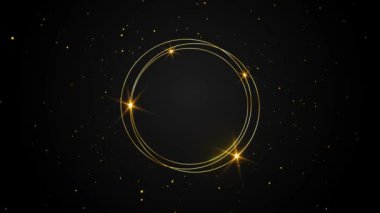 Altın Modern Parlak Lüks Parlak Çember Parlak Geometrik Şekil Dönen Siyah 3D Arkaplan. Sunum için, parti arkaplanı. Ekran koruyucu, teknoloji açıcı girişi. Parçacık, lüks ödüller töreni