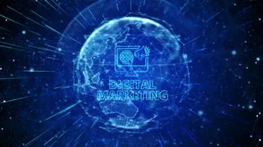Dijital Pazarlama Dijital Küresel Teknoloji Dünya Ağı bağlantıları döngüsü arka planı. Web sitesi reklamı, e-posta, sosyal ağ, SEO, video, simge ile mobil uygulama ve yatırım dönüşünü analiz eden ekip