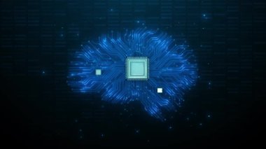 İnsan beyninin gelecekteki 3 boyutlu Hologramı HUD, ileri teknolojili soyut kavram beyin devreleri sinirsel dijital veri grafikleri, beyin araştırma arayüzleri. 4K