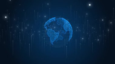 Global Ağ Fütüristik Merkezi Hologramı holografik bir Dünya Hologramını gösteriyor. Karmaşık ağ bağlantıları, küresel iletişim, veri analizi Cloud Technology, Big Data, Engelleme zinciri, Yapay Zeka