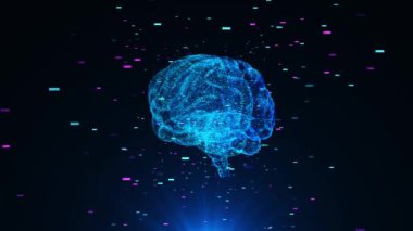 İnsan beyninin gelecekteki 3 boyutlu Hologramı HUD, ileri teknolojili soyut kavram beyin devreleri sinirsel dijital veri grafikleri, beyin araştırma arayüzleri. 4K